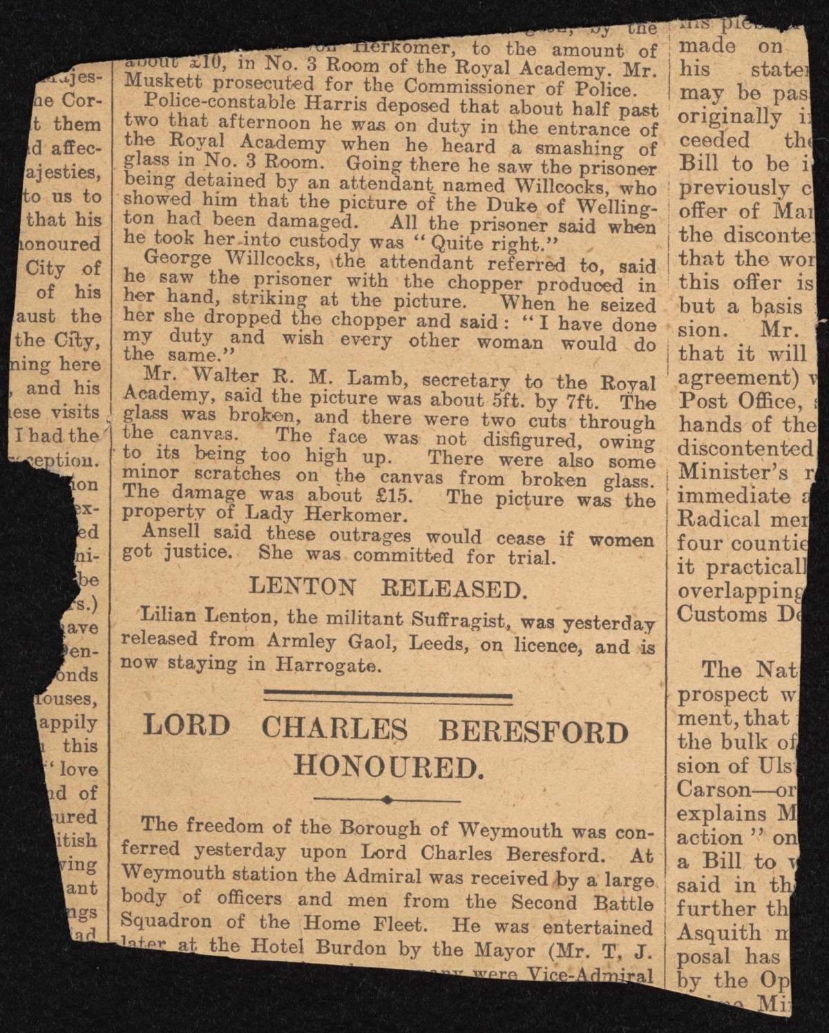 , Coverage resulting from a suffragette action