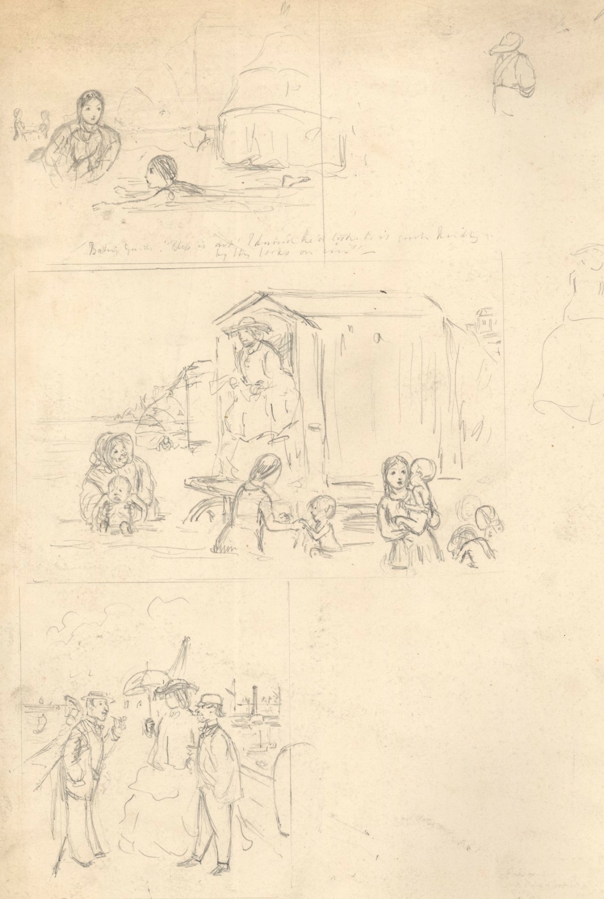 John Leech, Three sketches for cartoons (recto) and Three sketches for cartoons depicting life at the seaside (verso)