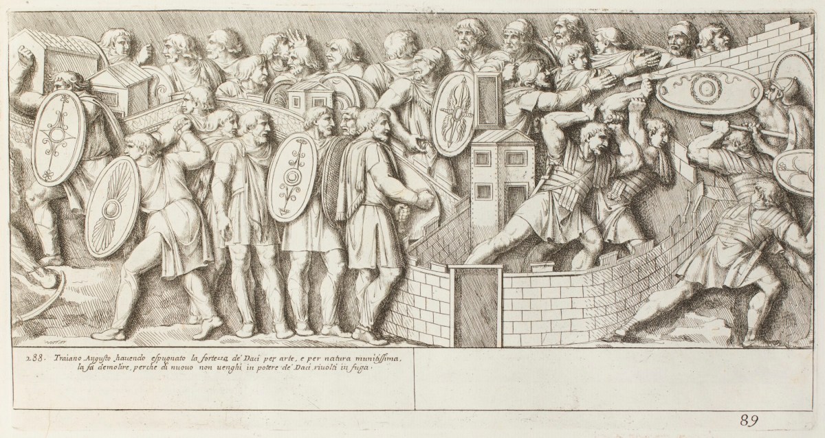 Pietro Santi Bartoli, Plate 89: Roman soldiers destroying a Dacian fortress