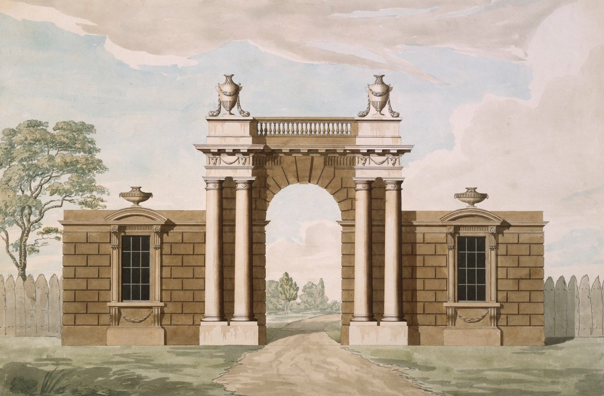 John Yenn RA, Design for Doric entrance gate with balustrade and urns and with lodges: elevation