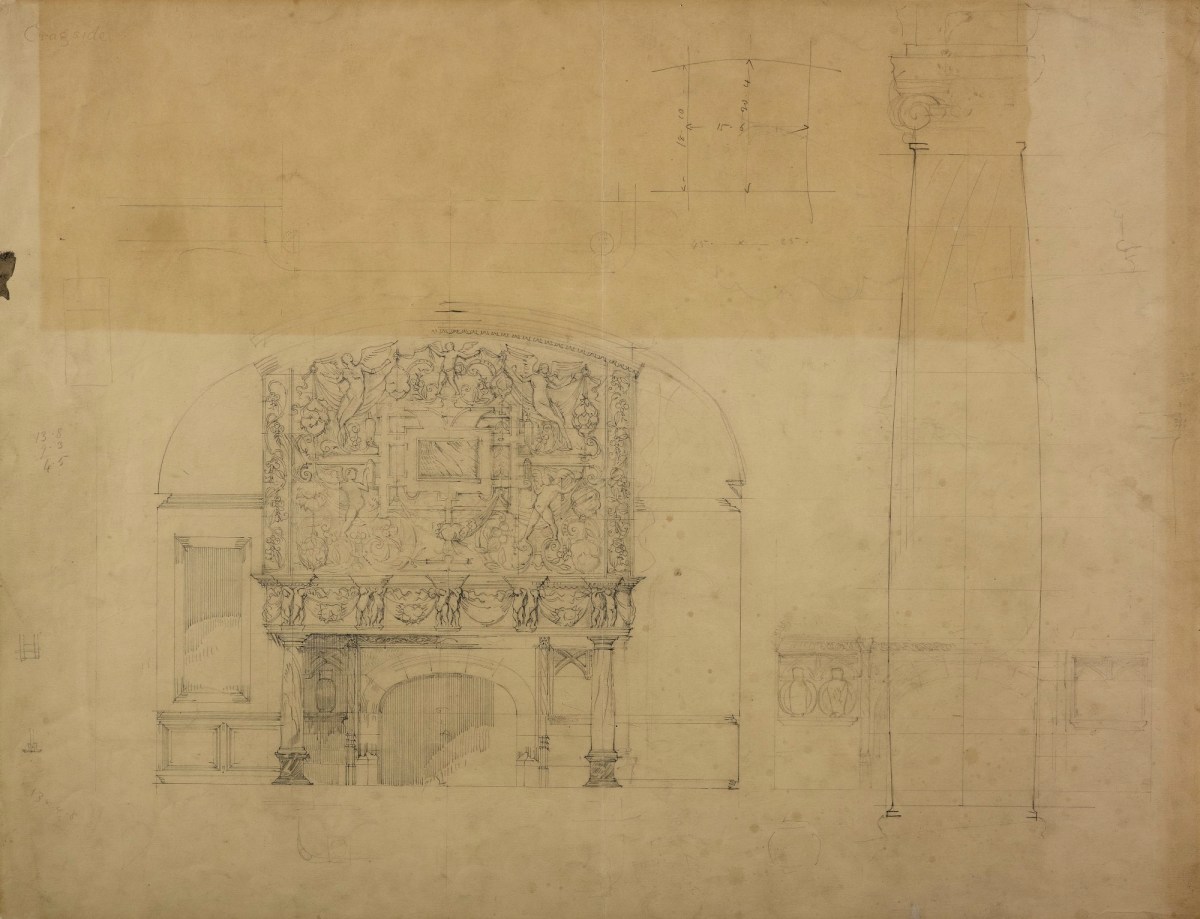 Richard Norman Shaw RA, Design for Cragside, Rothbury, Northumberland: elevation of chimneypice and detail of column