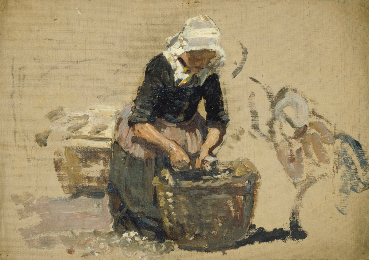 Sir George Clausen RA, Study of a Dutch woman washing fish in a tub (Volendam)