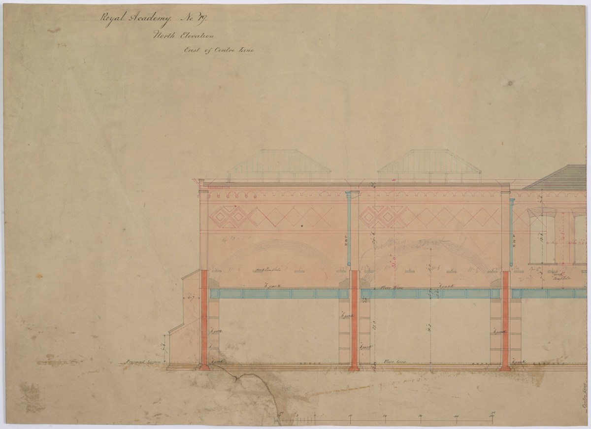 Sydney Smirke RA, Design for Royal Academy Main Exhibition Galleries and Schools building, Burlington House, Piccadilly, Westminster, London: north elevation, eastern half, drawing no.19