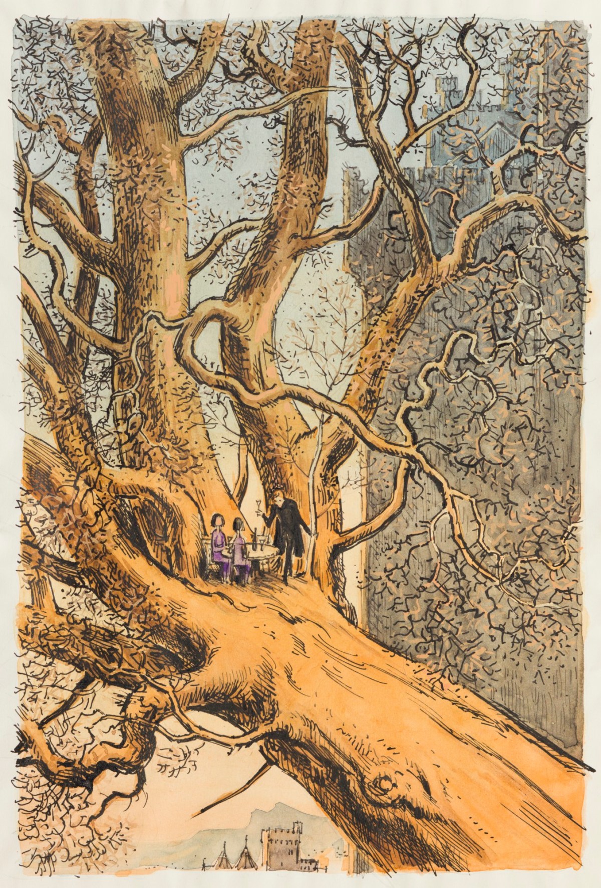 Charles W. Stewart, Steerpike and the twins driking a toast to the burning of the Library