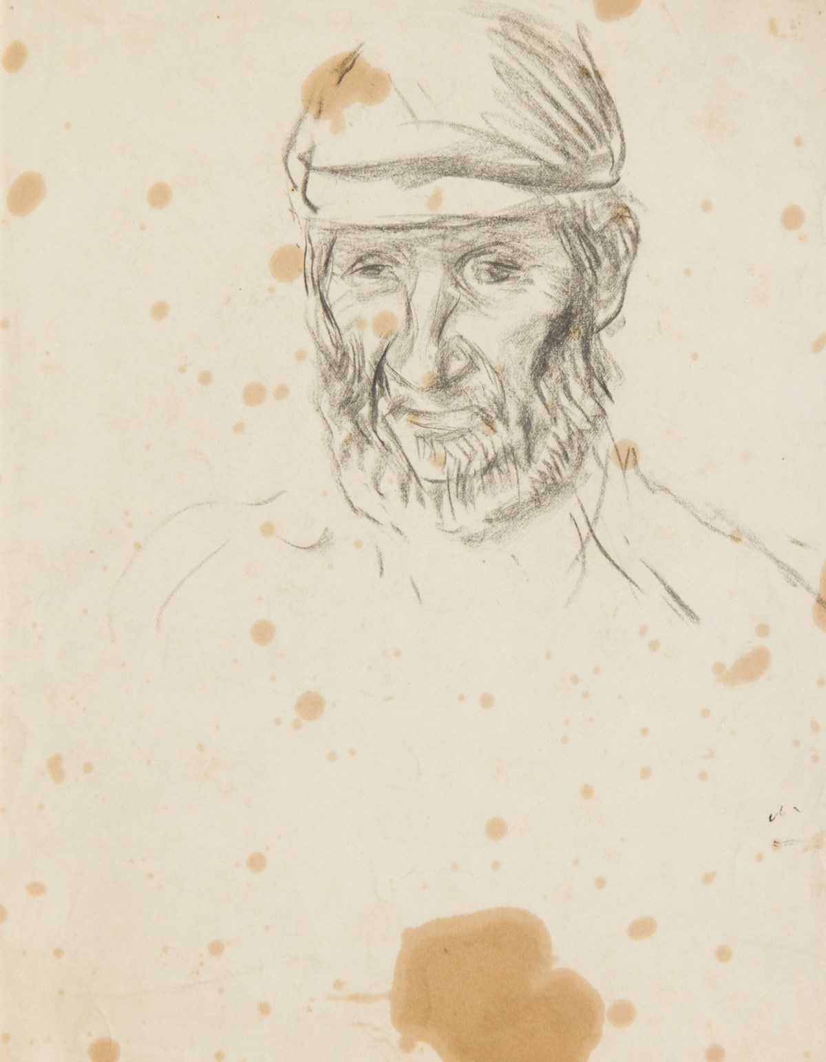 Sir George Clausen RA, Study of the head of an old man with a beard and cap, relating to 'Interior of an Old Barn'
