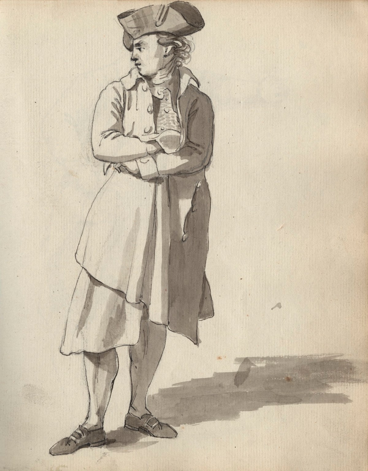 Unknown artist, Leaf from a sketchbook with a drawing of a standing man wearing a hat and cloak