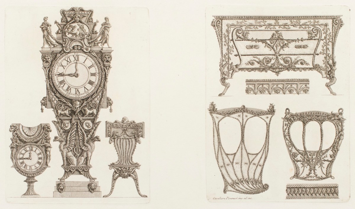 Giovanni Battista Piranesi, Two plates showing designs for clocks and tables
