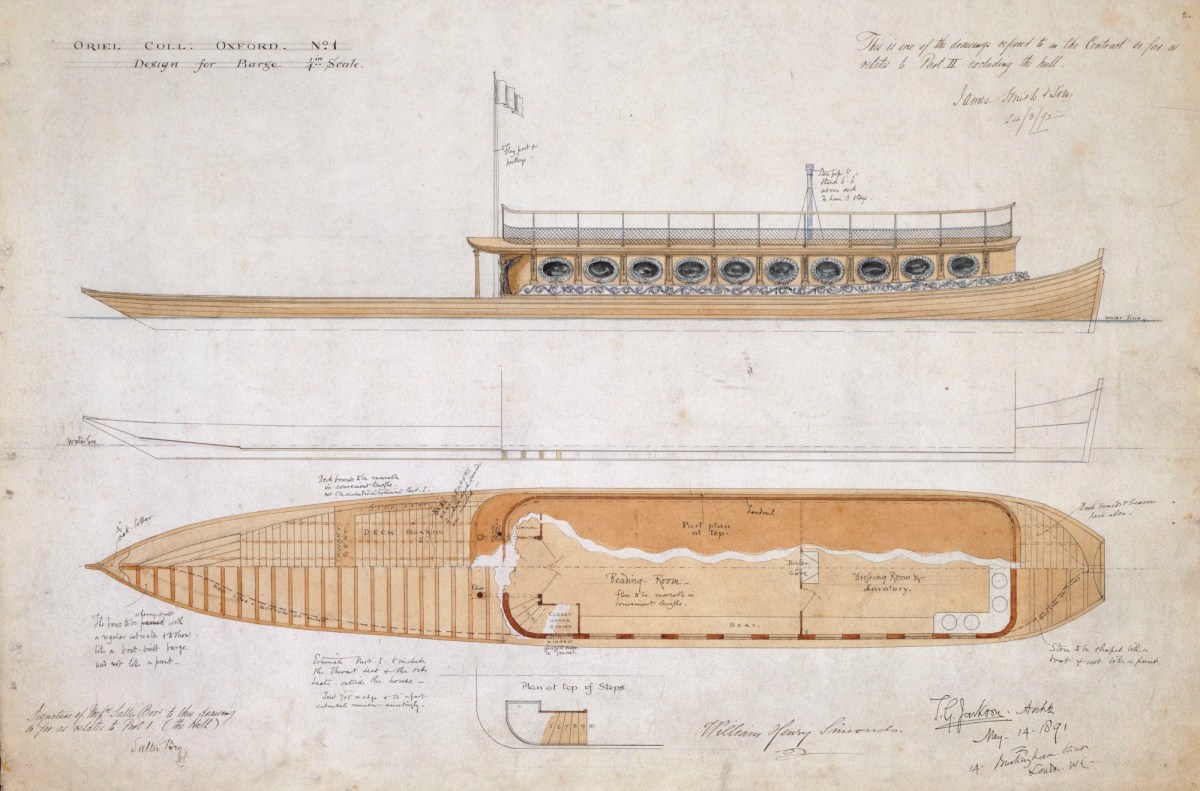 Sir T.G. Jackson Bt. RA, New Barge for Oriel College, Oxford: plan and elevation