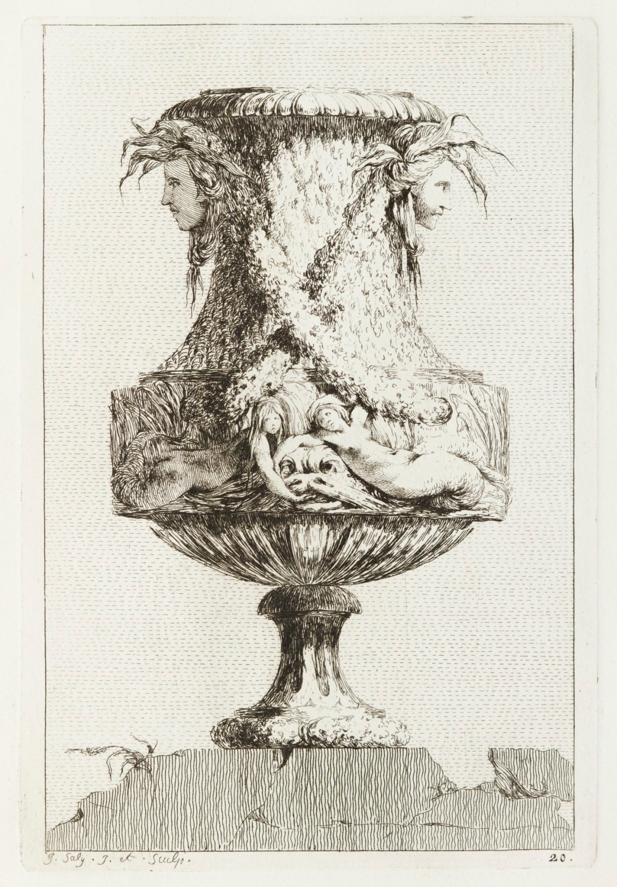 Jacques-François-Joseph Saly, Vase decorated with two masks on the neck, and two reclining tritonesses on the body.