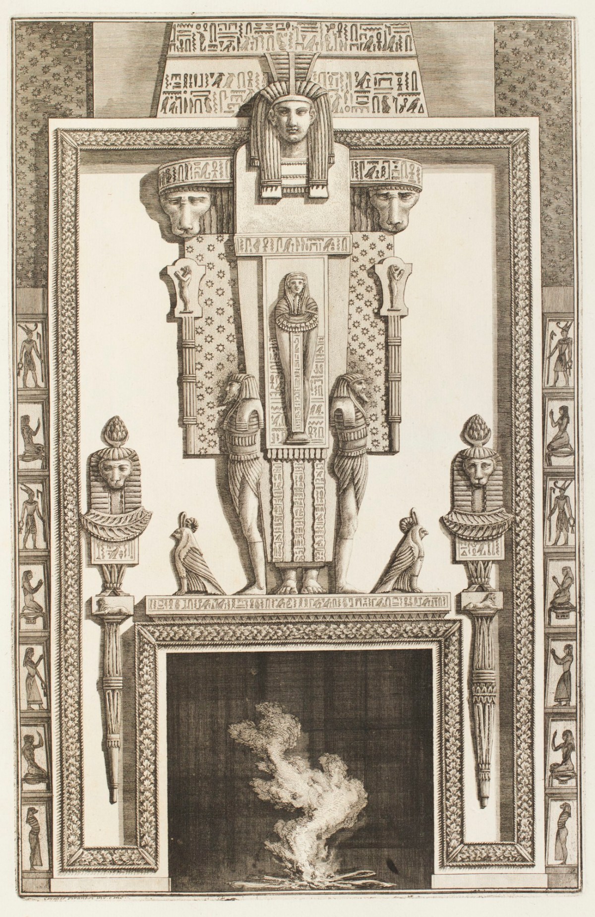 Giovanni Battista Piranesi, Design for an Egyptian chimneypiece, with sarcophagi figures and hieroglyph ornamentation