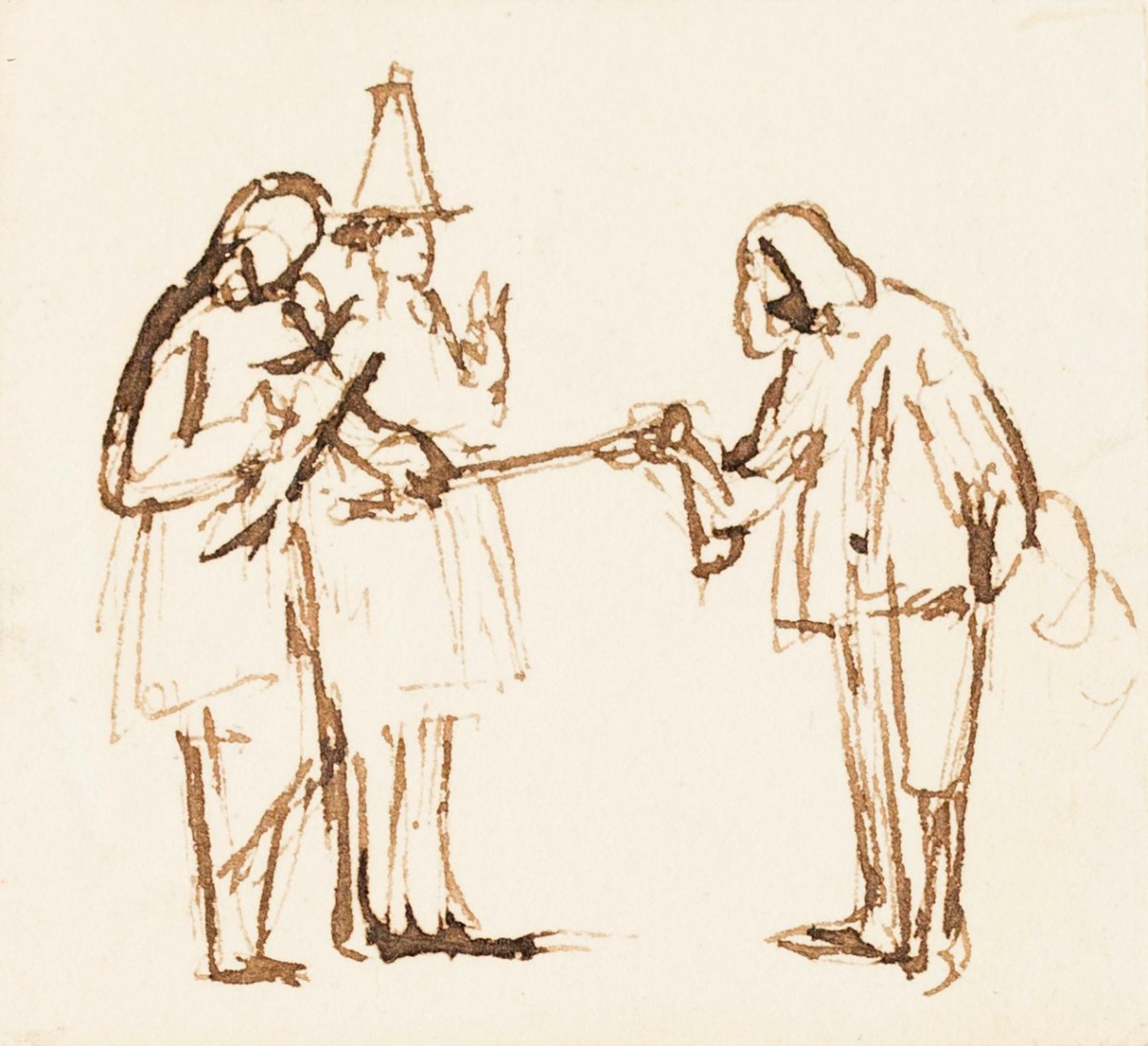 William Mulready RA, Three male figures in 17th century dress - possibly a scene from Walter Scott's Peveril of the Peak