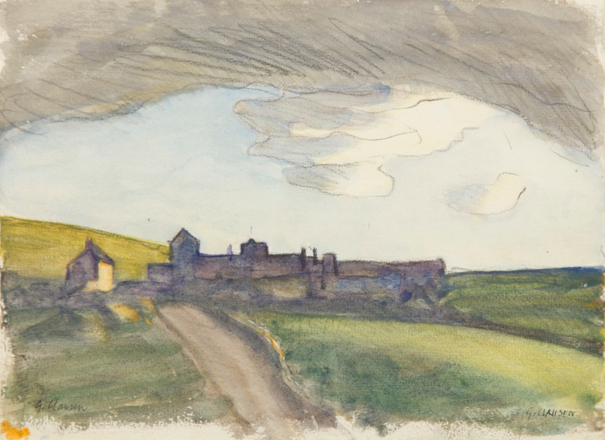 Sir George Clausen RA, Rainclouds and sunlight above buildings in a landscape