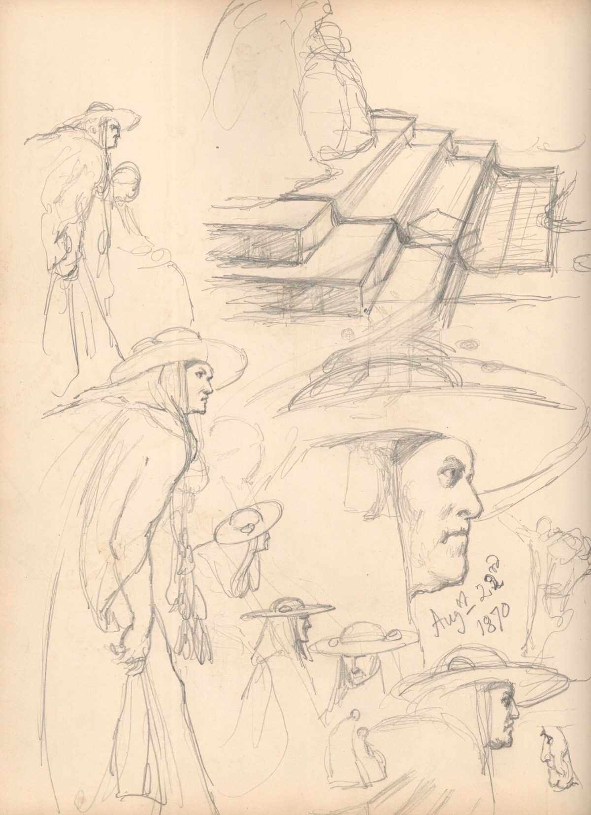 Sir John Gilbert RA, Leaf from a sketchbook with preparatory drawings for 'A Convocation of Clergy'