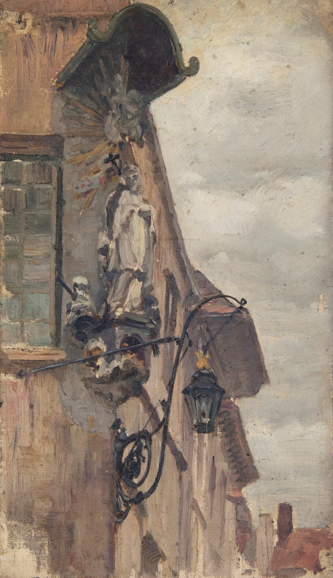 Sir George Clausen RA, Study of a religious statue on a building exterior (northern Europe)