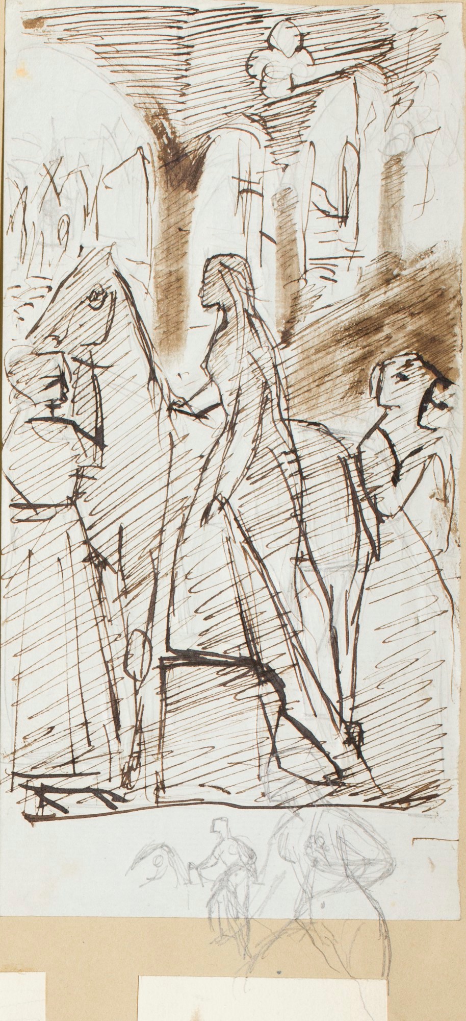 Henry Hugh Armstead RA, A scene with three figures and horse by a cloister