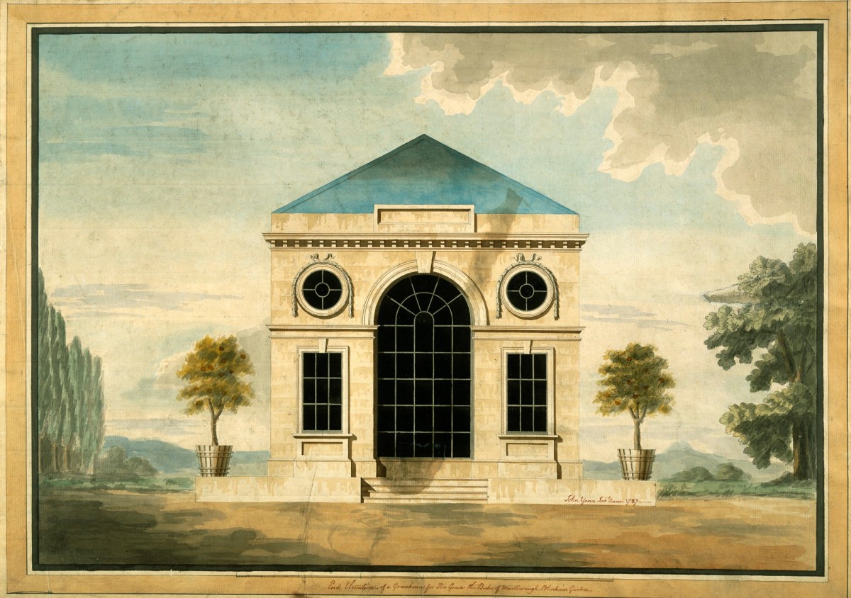 John Yenn RA, Design for greenhouse, Blenheim Palace, Oxfordshire: end elevation
