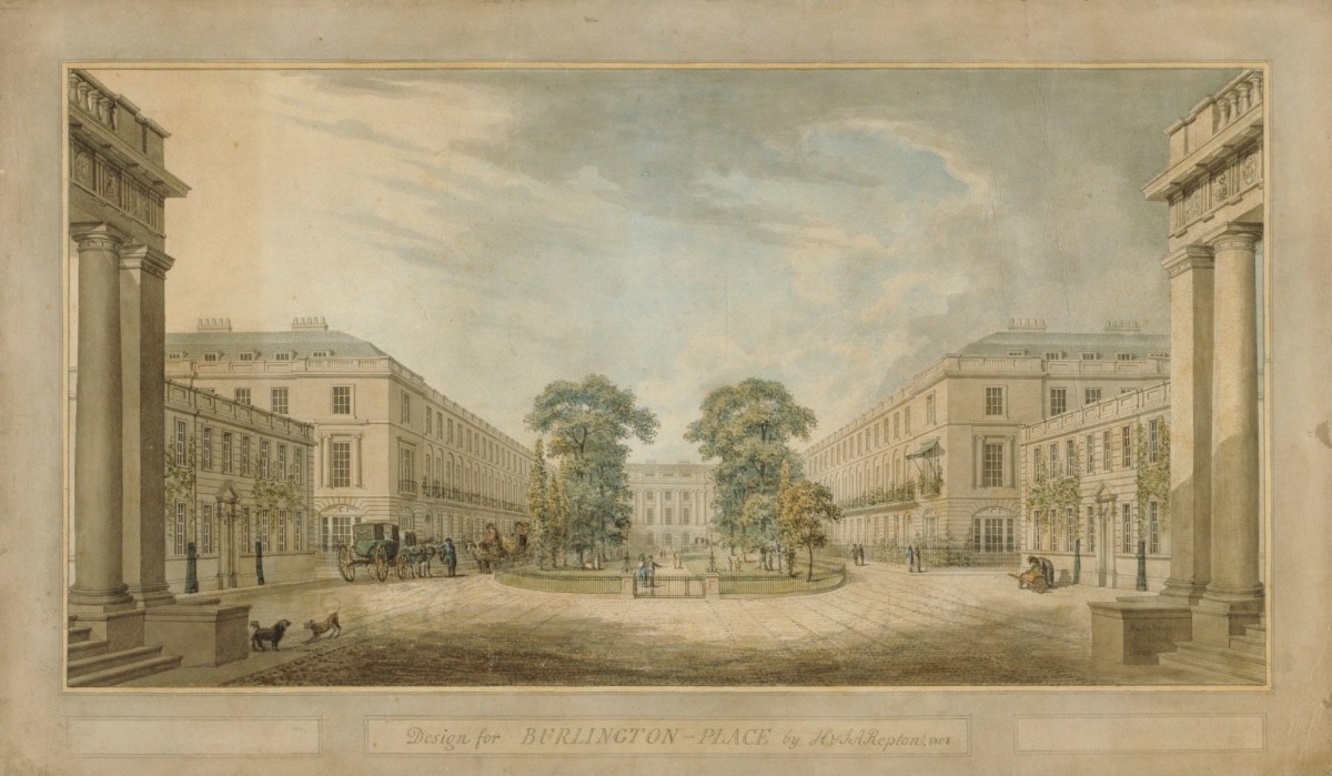 Humphry Repton and John Adey Repton, Design for 'Burlington Place', Burlington House site redevelopment, Piccadilly, Westminster, London: perspective looking north