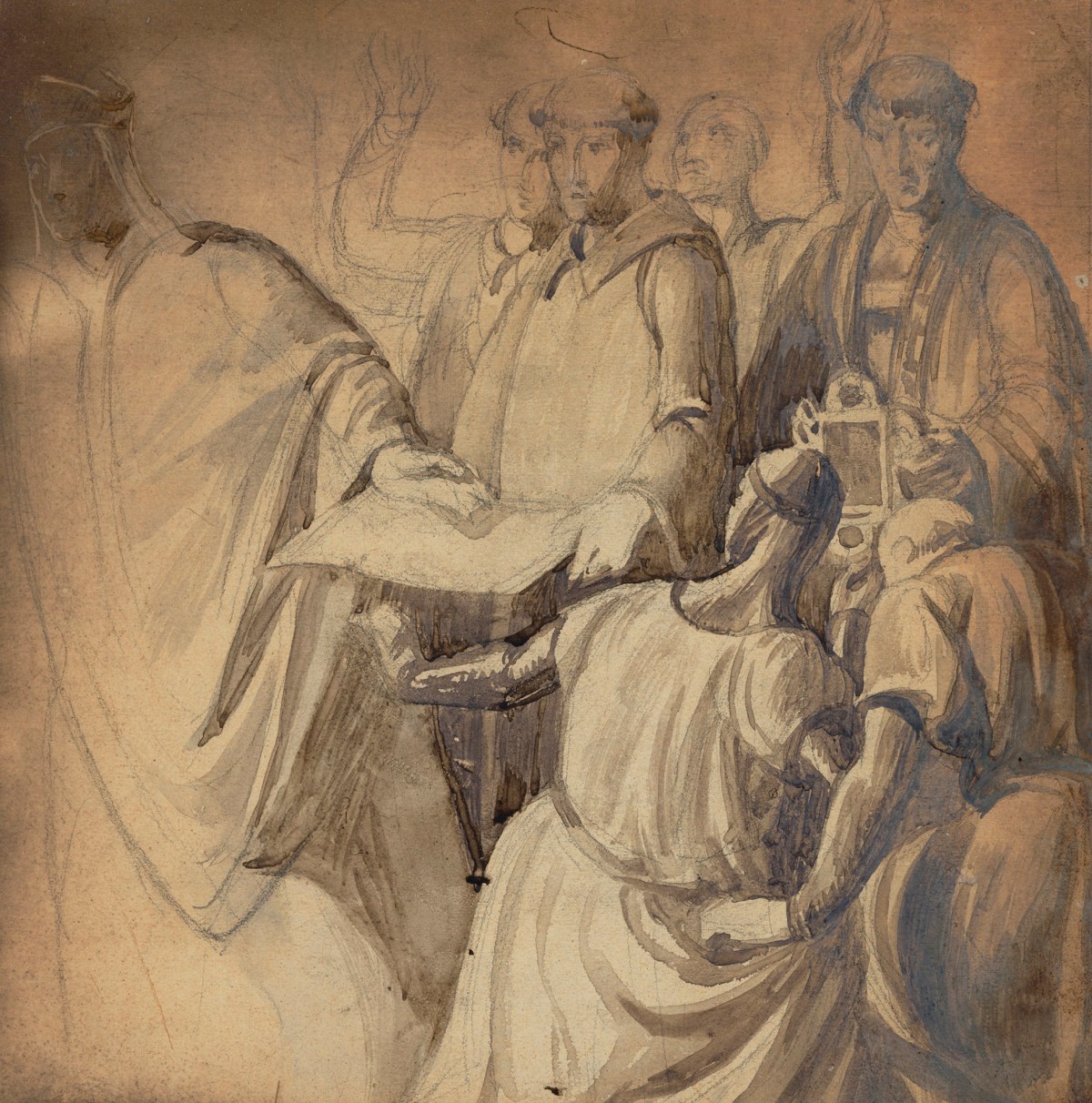 Solomon Alexander Hart RA, Drawing of soldiers and clergymen, probably for 'King Richard I and Soldan Saladin'