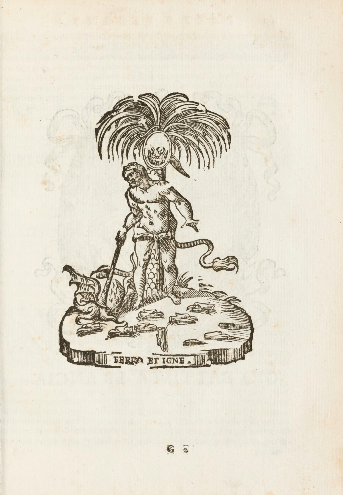 Unsigned, Vignette of male figure (Hercules?) attacking a multi-headed dragon (Hydra?) with fire.