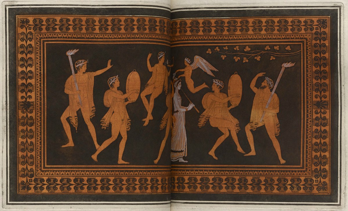 Sir William Hamilton, Colour plate of Dionysian group with satyrs and maenad, from attic bell krater