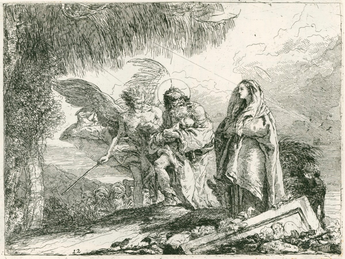 Giandomenico Tiepolo, The Flight into Egypt: Mary and Joseph, holding the Child, are escorted by an Angel