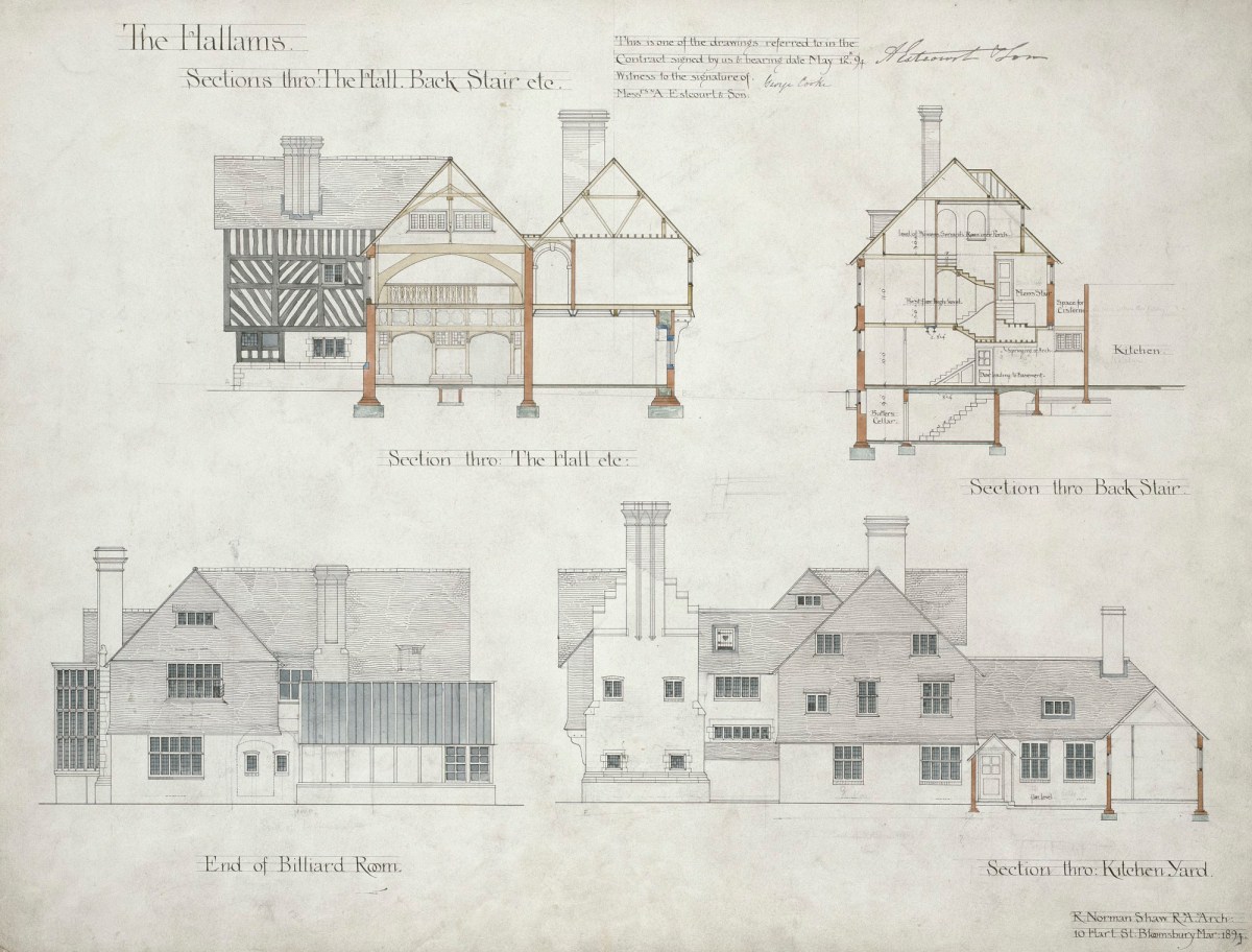 Richard Norman Shaw RA, Design for The Hallams, nr. Shamley Green, Surrey: contract drawing of sections and end elevation