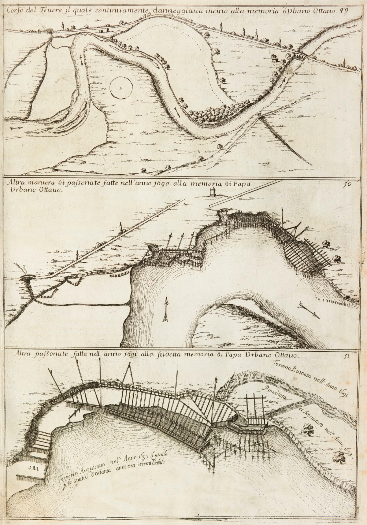 Cornelis Jansz Mejjer, Three plates illustrating Mejjer's 'passonata' or embankment solution to the Tiber flooding, proposed and executed under Pope Urban VIII.