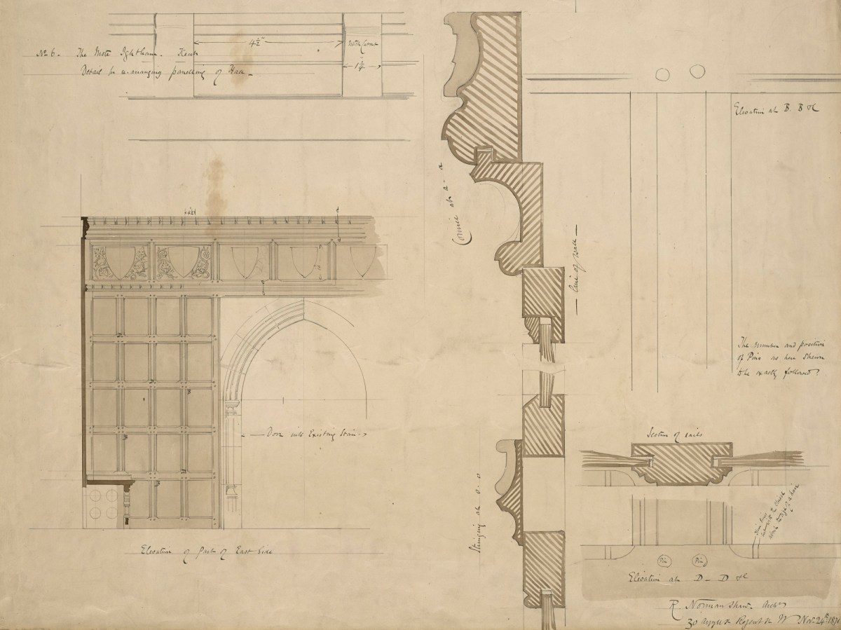 Richard Norman Shaw RA, Design for alterations and additions to hall and lobby, Ightham Mote, Kent: part-elevation of east side of hall, detail plan of hall panelling and elevation, sections of rails and full-size details of stringing and cornice