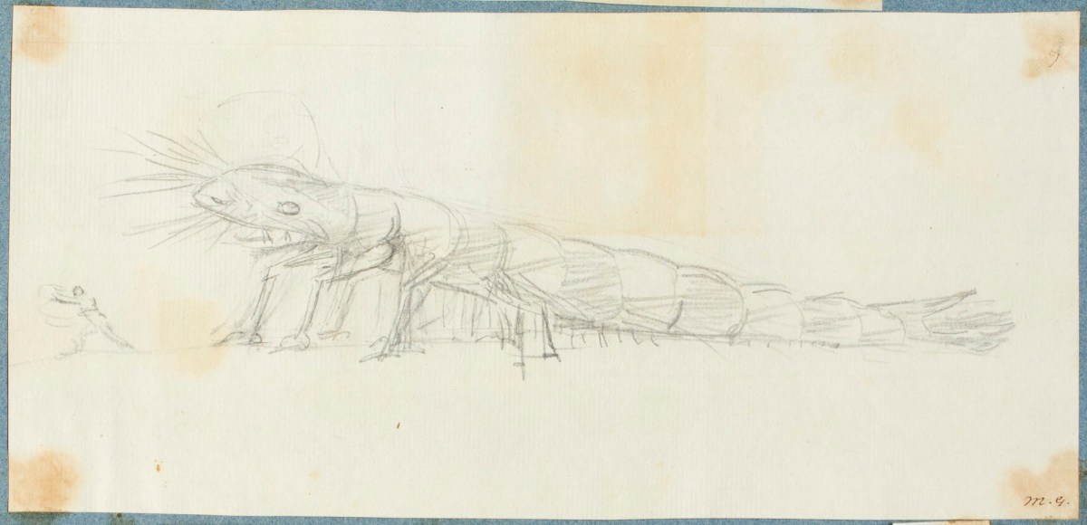 Unidentified British artist, Giant insect chasing a man
