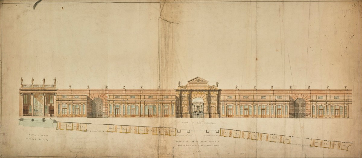 Samuel Ware, Design, unexecuted, for shops along Piccadilly wall, Burlington House, Piccadilly, Westminster, London: plan, elevation and sketch elevation of shop