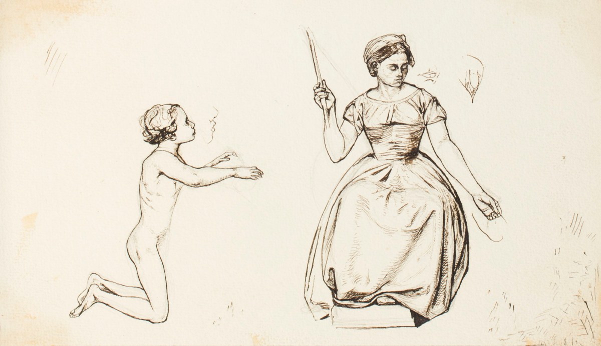 Henry Hugh Armstead RA, Study of a woman spinning and a kneeling child