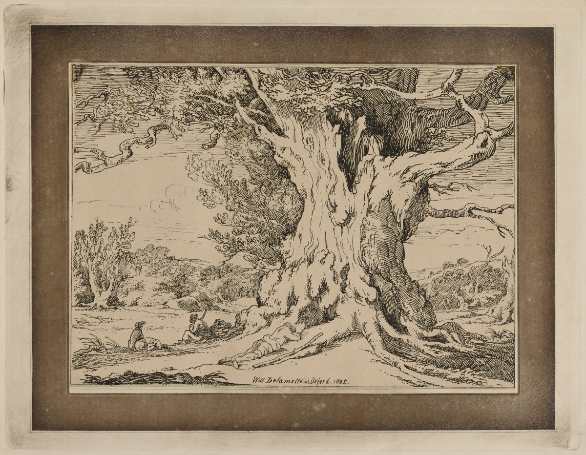 Alfred William Delamotte, Tree in a landscape with figures seated by river