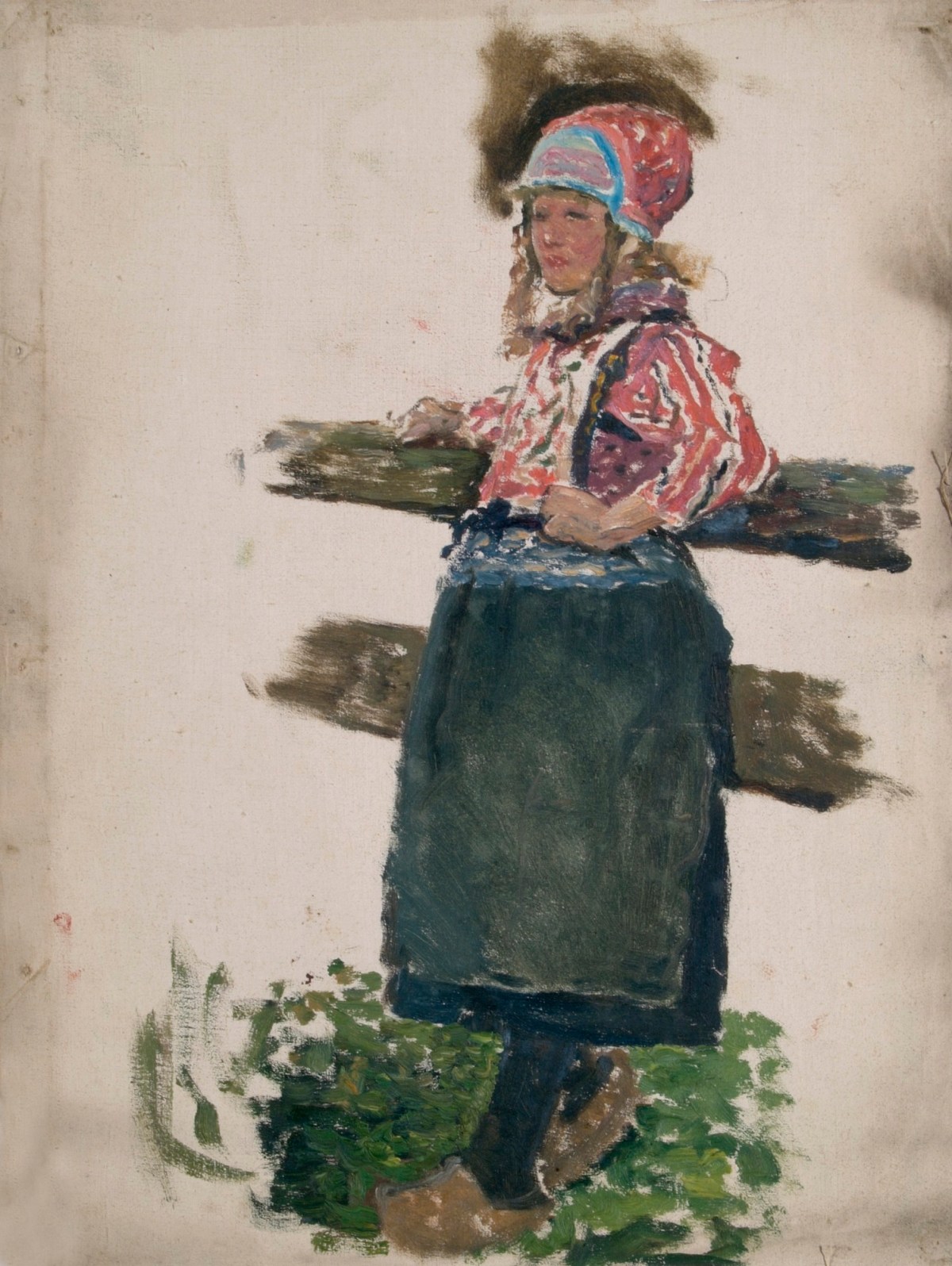Sir George Clausen RA, Study of a Dutch girl leaning against a fence (Marken)