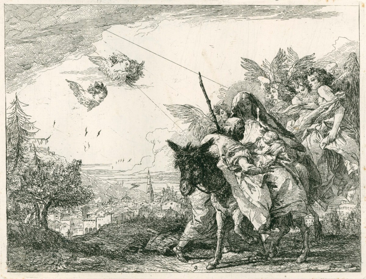 Giandomenico Tiepolo, The Flight into Egypt: Joseph adoring the Child