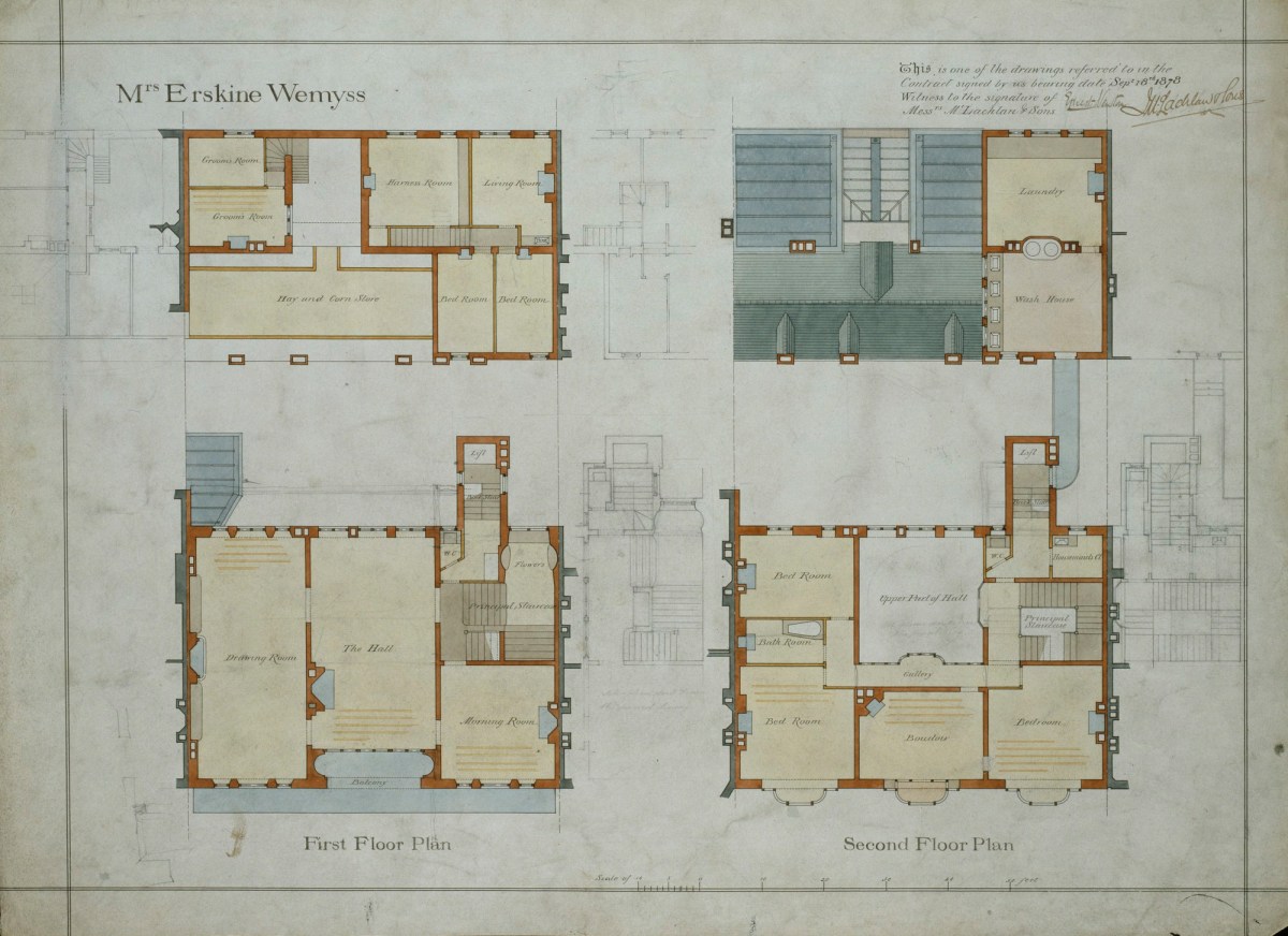 Richard Norman Shaw RA, Design for Clock House, No.8 Chelsea Embankment, London SW3: contract drawing of first and second floor plans