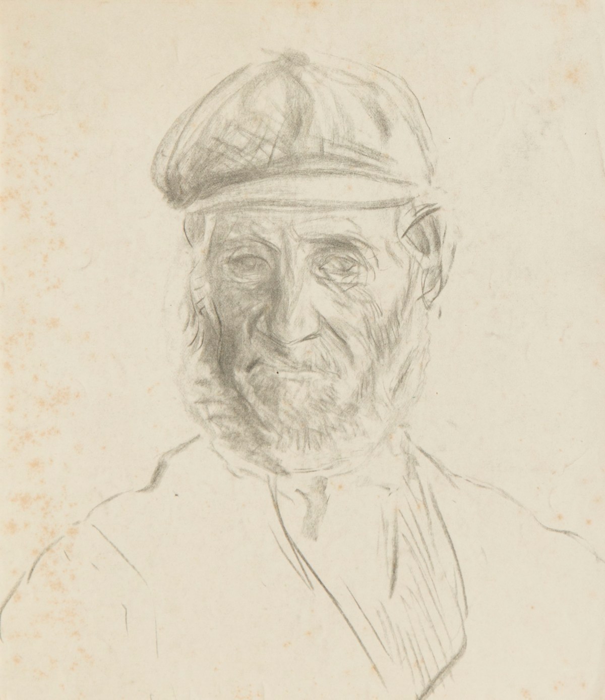 Sir George Clausen RA, Study of the head and shoulders of an old man with a beard and cap relating to 'Interior of an Old Barn'