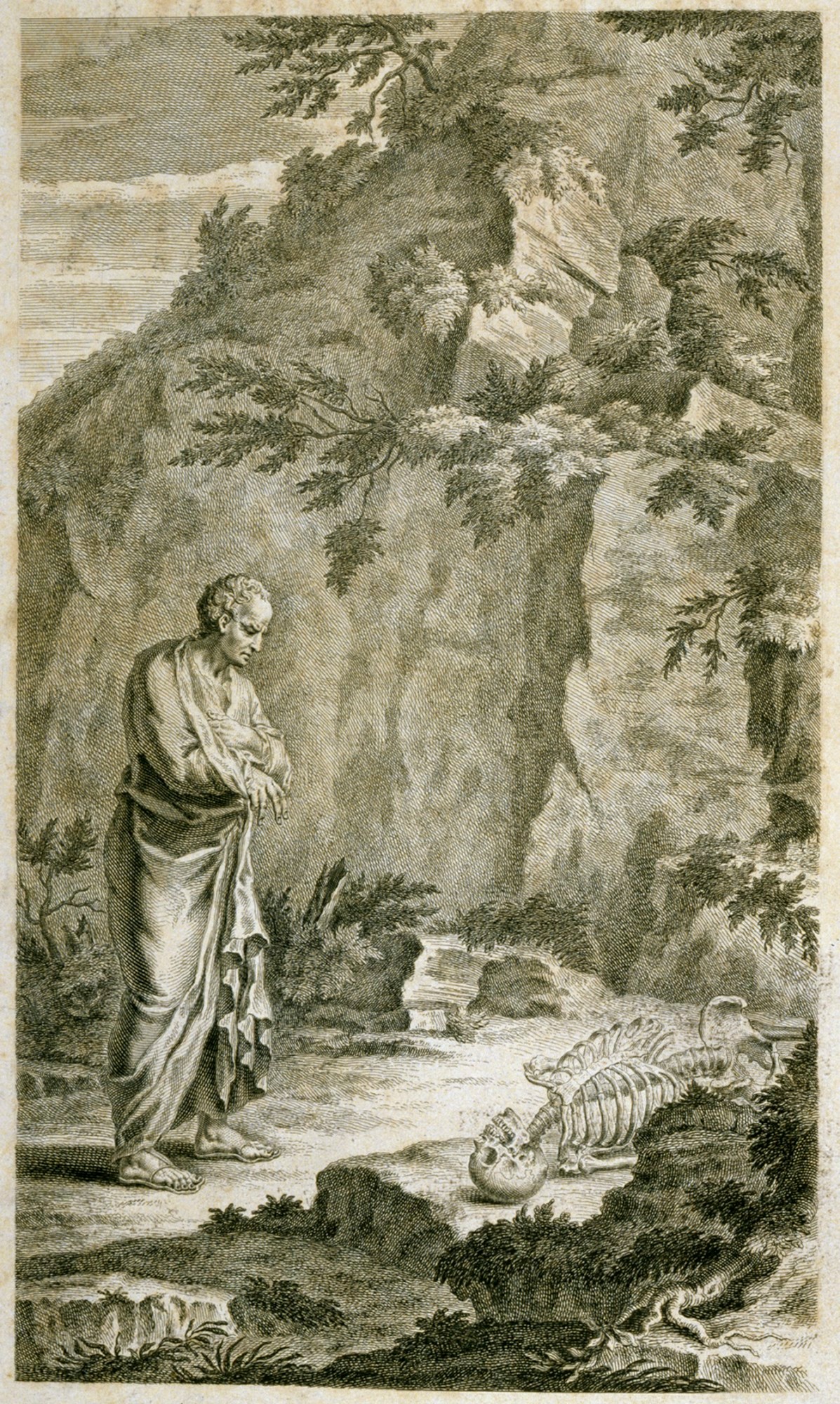 Gerard van der Gucht, Galen contemplating the skeleton of a robber