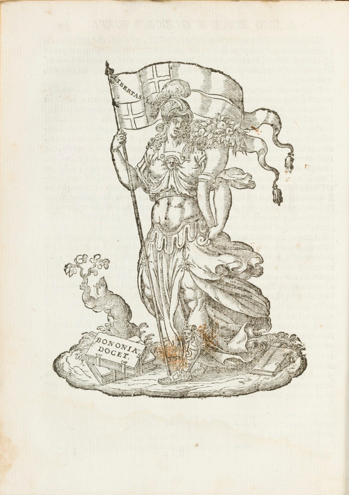 Unsigned, Vignette of allegorical female figure, holding a flag of the city of Bologna and a cornucopia.
