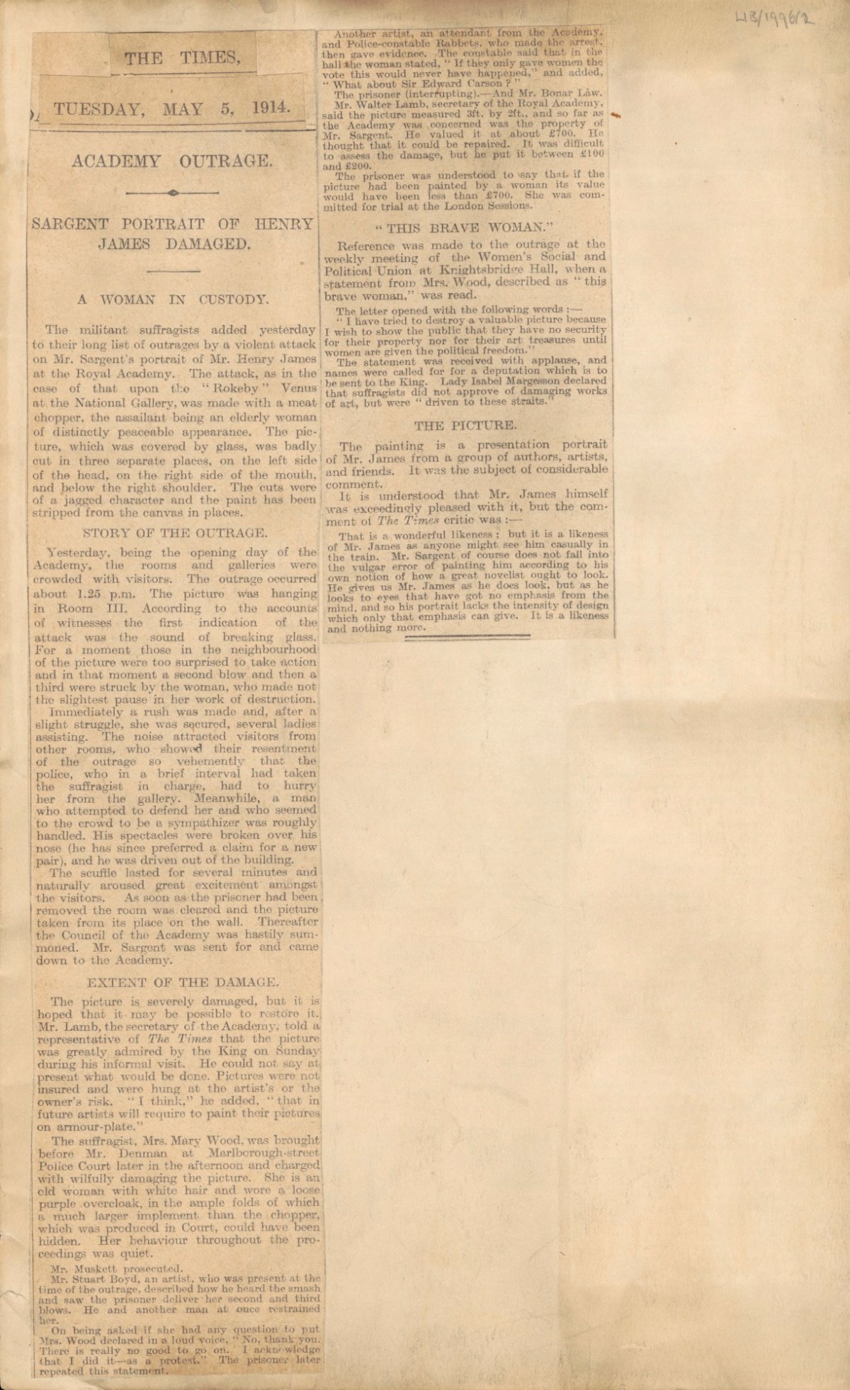 , Coverage resulting from a suffragette action