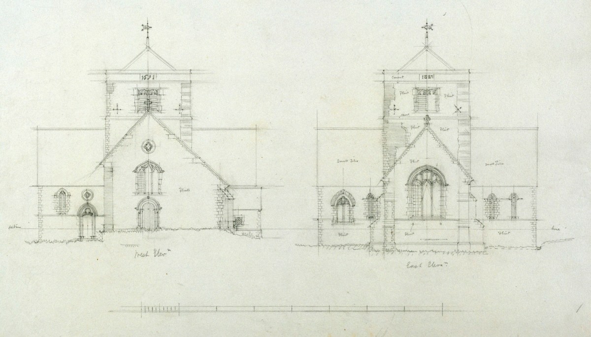Richard Norman Shaw RA, Survey drawing of St Margaret's Church, Chipstead, Surrey: west and east elevations