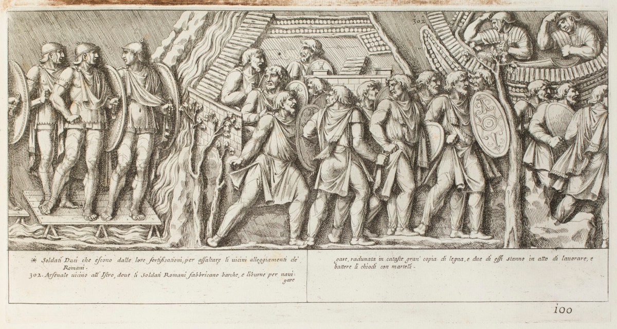 Pietro Santi Bartoli, Plate 100: Dacians leaving their fortifications in order to attack the Romans
