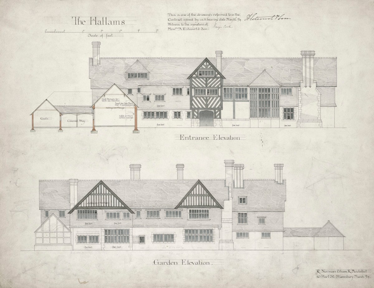 Richard Norman Shaw RA, Design for The Hallams, nr. Shamley Green, Surrey: contract drawing of front and garden elevations