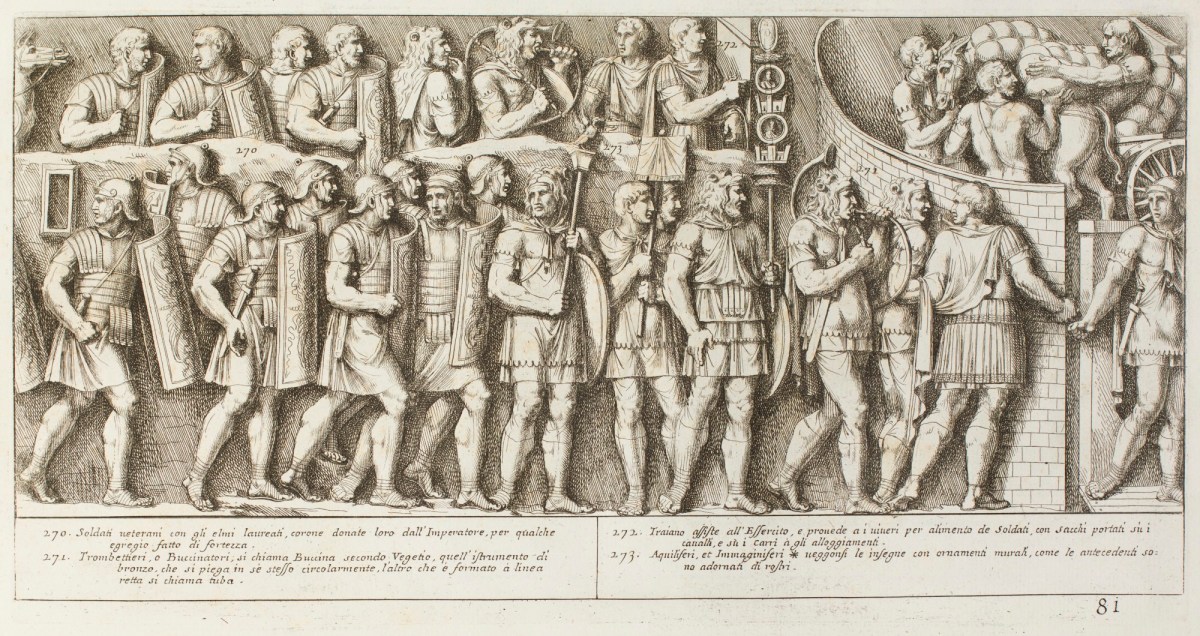 Pietro Santi Bartoli, Plate 81: Veteran soldiers and Romans with musical instruments