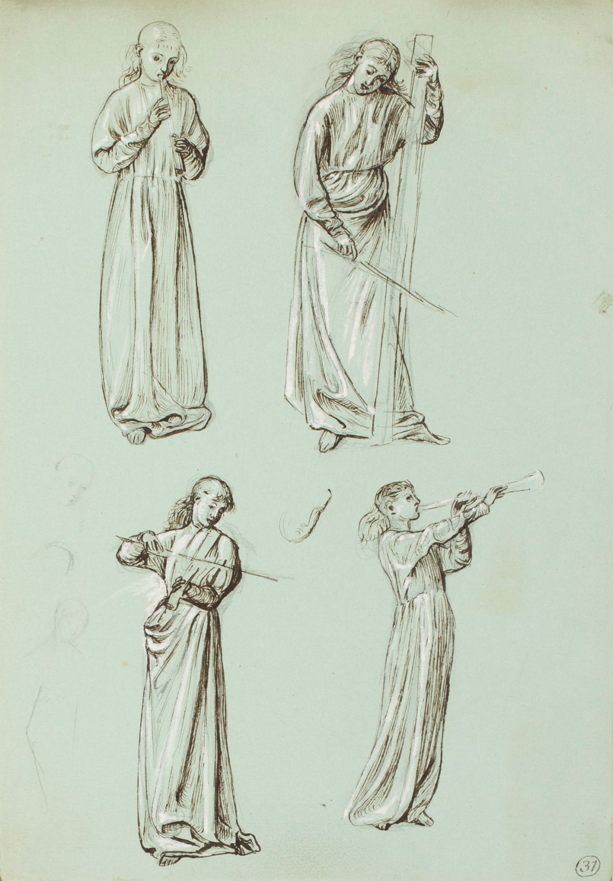 Henry Hugh Armstead RA, Studies of girls playing musical instruments for Llandaff Cathedral carvings