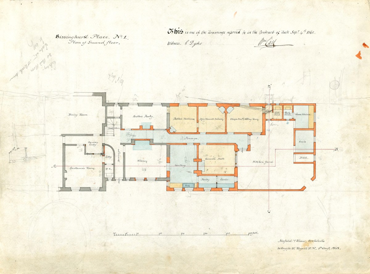 Richard Norman Shaw RA and W. Eden Nesfield, Contract drawing for addition of offices (kitchen and servants' quarters), Sissinghurst Place, Sissinghurst, Kent: ground floor plan