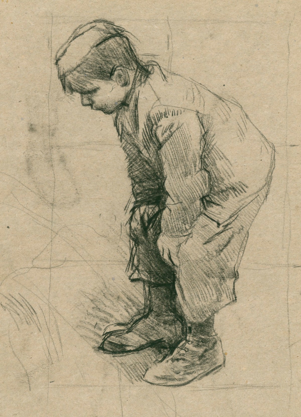 Boy Making A Chaulk Drawing Of Himself Stock Photo - Download