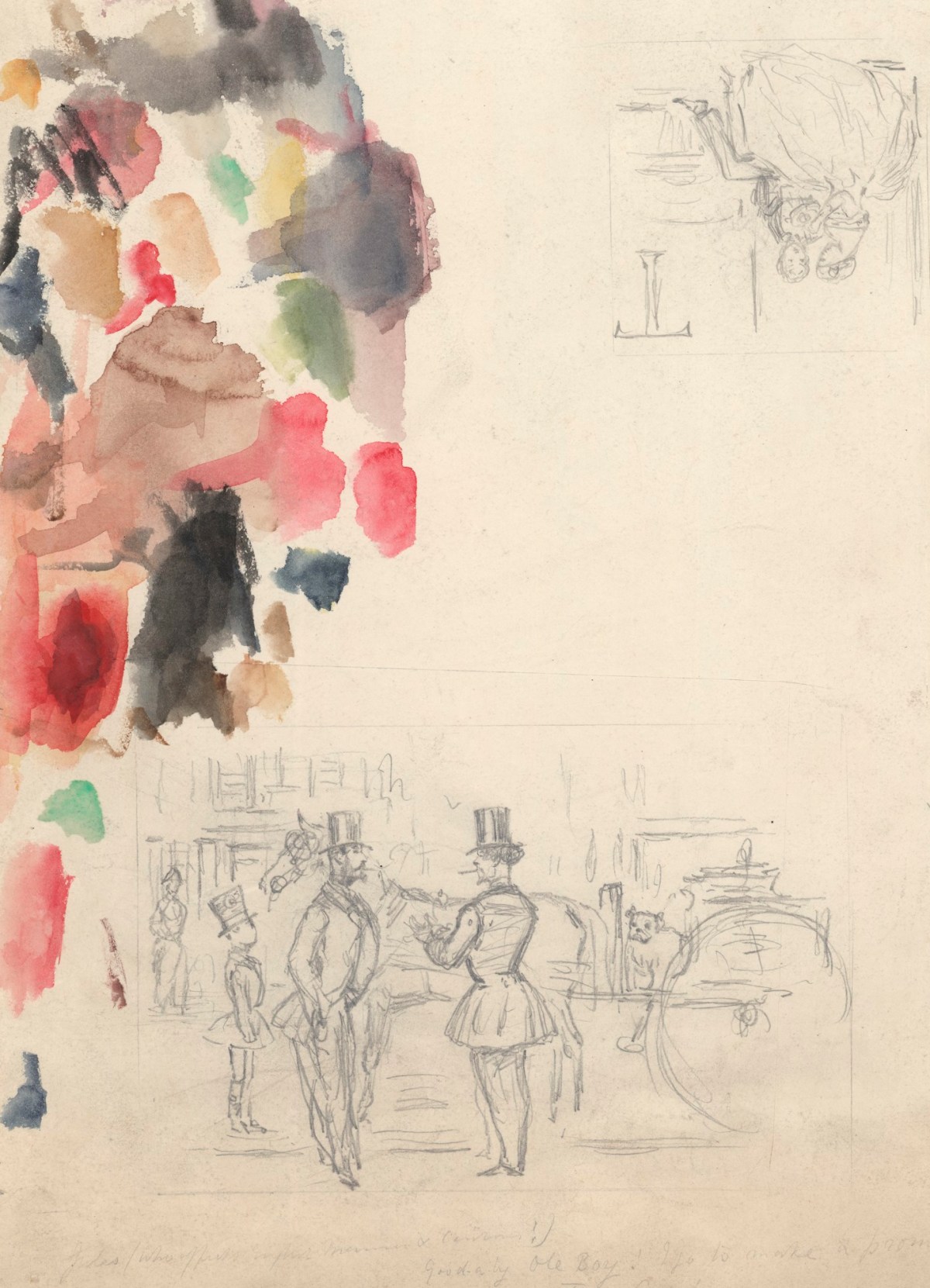 John Leech, Three sketches for cartoons (recto) and two sketches for cartoons (verso)