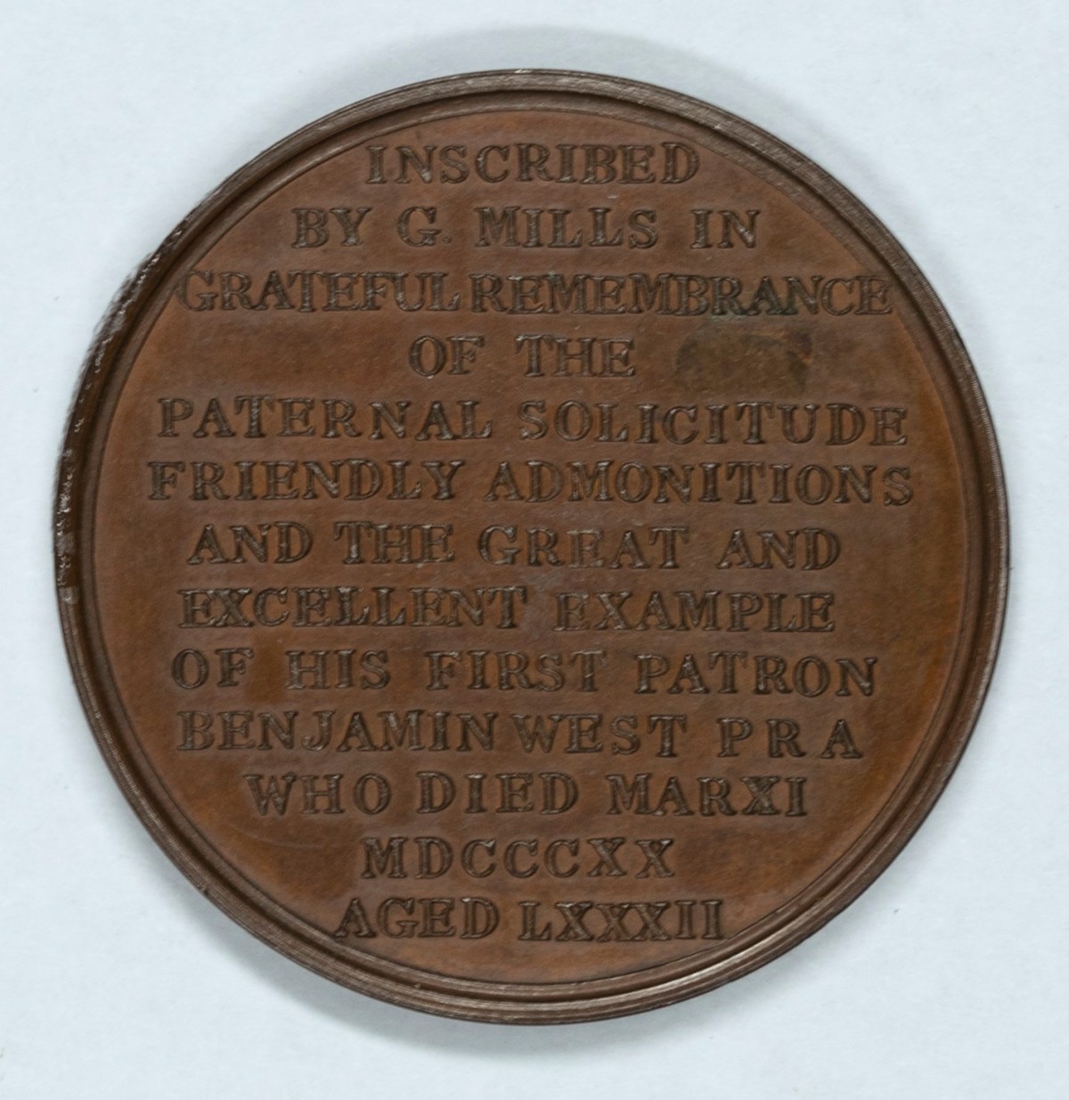 George Mills, Benjamin West, P.R.A. commemorative medal (bronze)