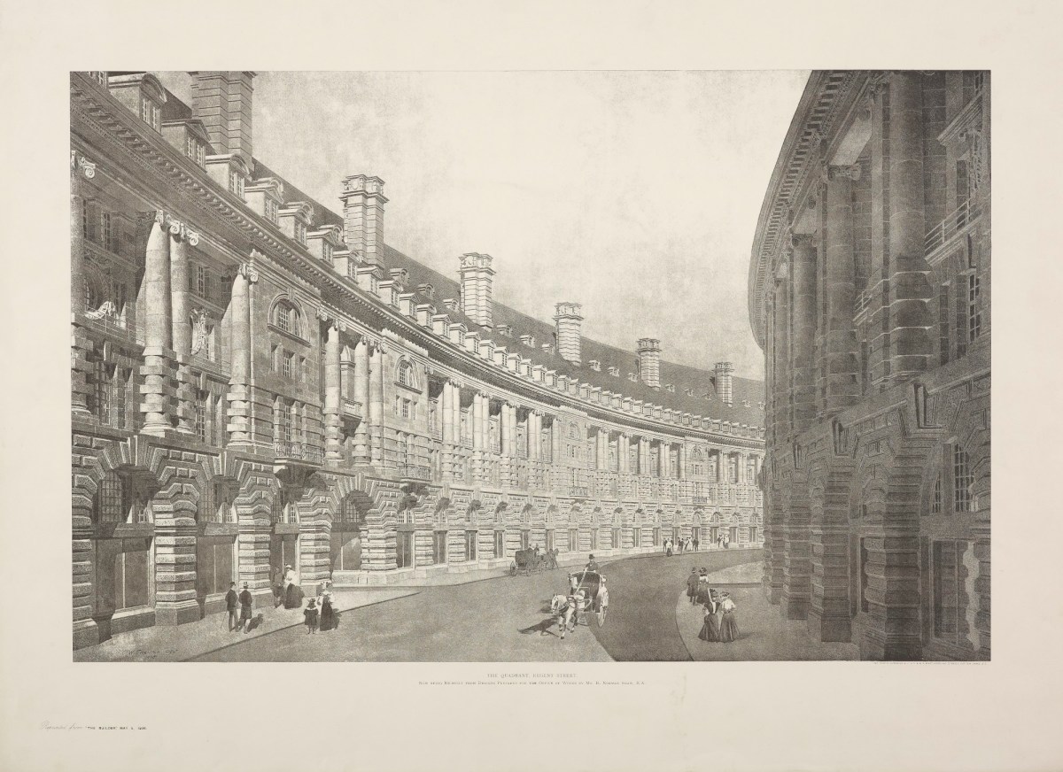 Richard Norman Shaw RA, Design for the Quadrant, Regent Street, London: perspective of west side looking north