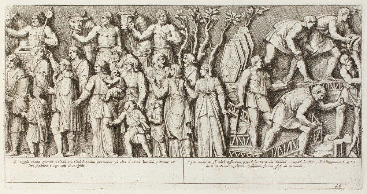 Pietro Santi Bartoli, Plate 68: Romans and Dacians assist to a sacrifice performed by the Emperor Trajan